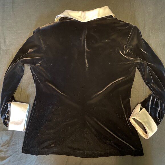 Black Velvet Long Sleeve Button Up Blouse with white collar and hand cuffs - Picture 8 of 8